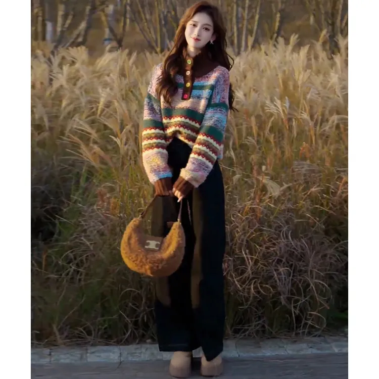 2024一整套入冬穿搭高级感小香风撞色条纹毛衣阔腿裤套装女两件套
