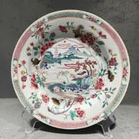 清雍正粉彩开窗山水人家花卉盘