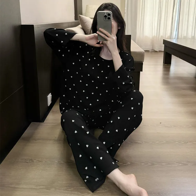睡衣女新款春秋季莫代尔爱心带胸垫长袖可外穿宽松休闲家居服套装