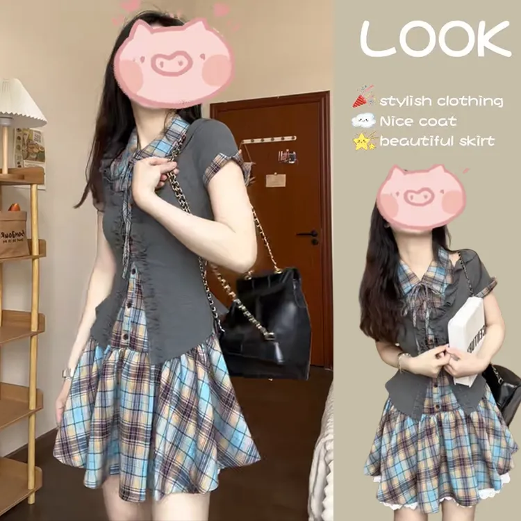 学院风夏季辣妹POLO领格纹连衣裙高腰显瘦灰色针织开衫上衣两件套