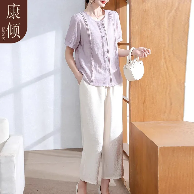 时尚妈妈夏装2025新款薄款上衣阔腿裤两件套中老年女夏季短袖T恤