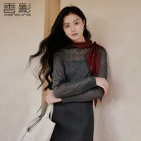S65A658雪纺衫 香影一字领灰色蕾丝衫女秋季新款内搭打底衫亮片长