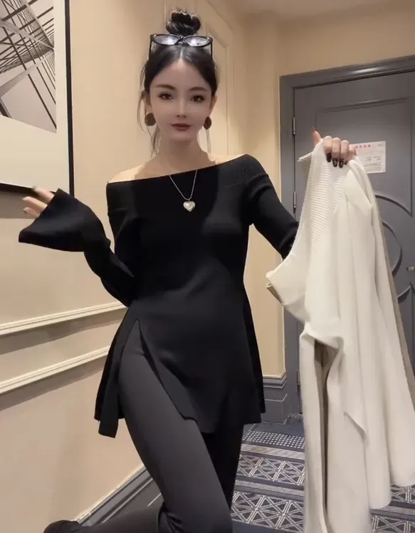 韩版一字肩侧开叉毛衣裙女冬季高级设计感气质收腰百搭喇叭袖上衣