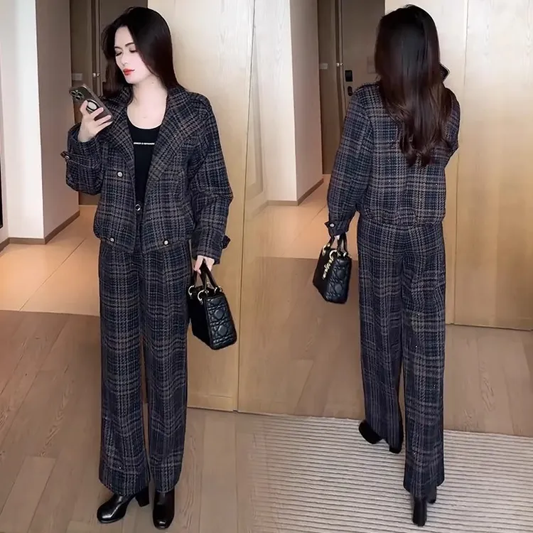 时尚套装女2025秋冬新款洋气显瘦格子短款外套阔腿裤气质两件套潮