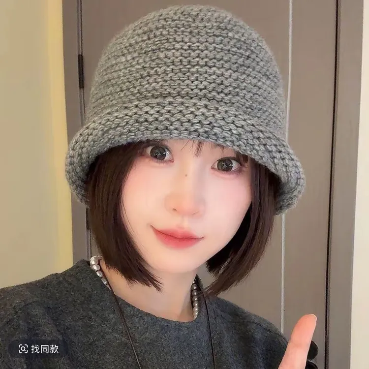 韩代chic大头围bi入复古粗棒针针织卷边盆帽女秋冬ins显脸小桶帽 