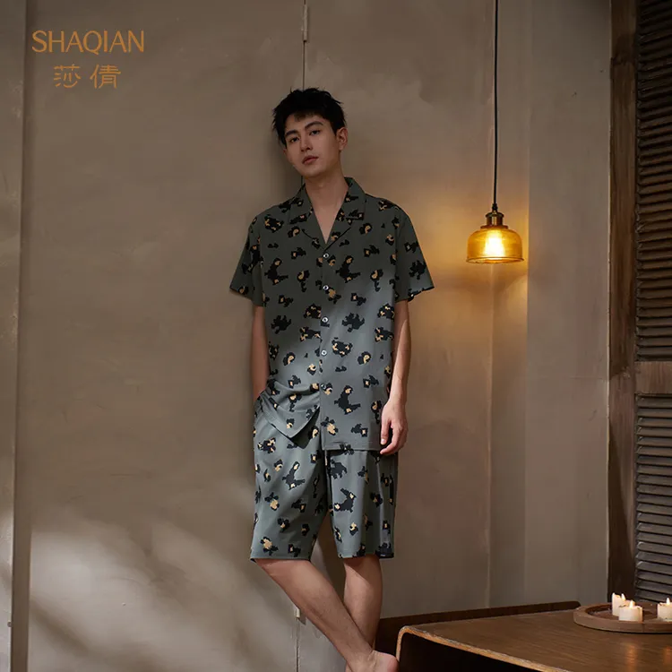 莎倩新款男士凉感纯棉睡衣2025年夏季短袖短裤开衫家居服冰丝套装