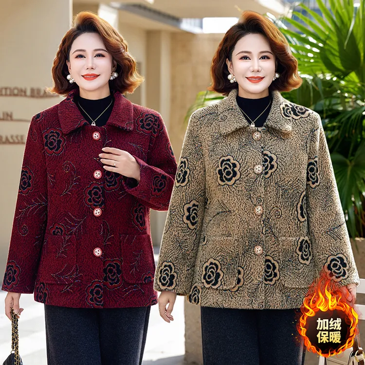 2025新款中老年妈妈冬装加厚保暖毛呢外套女洋气高贵红色加绒大衣