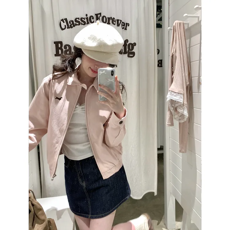 韩系少女感粉色腊肠狗夹克短外套女秋季2025新款减龄显瘦休闲上衣