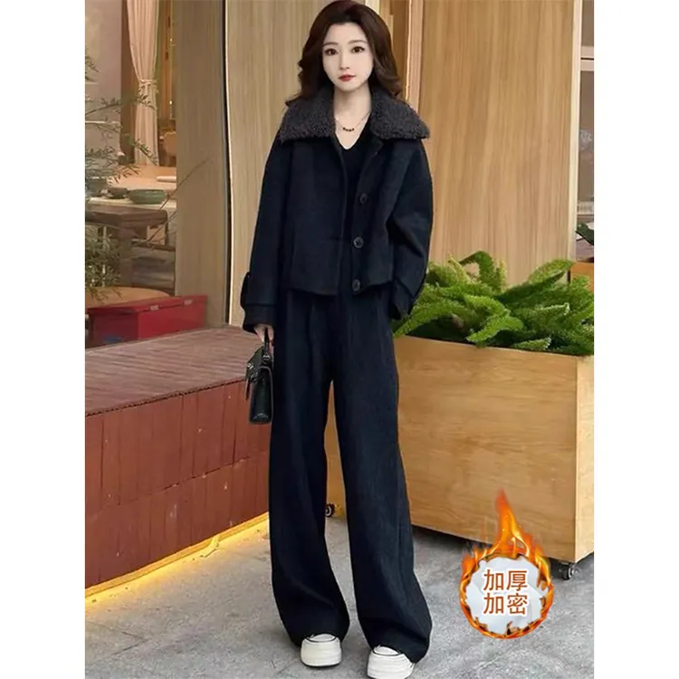 拉夏贝尔时尚夹棉套装女冬季2025年新款显瘦翻领外套阔腿裤两件套
