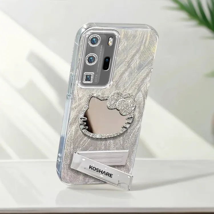 自带镜头膜华为P40Pro手机壳镶钻kt猫镜子ELS-AN00全包p40羽纱