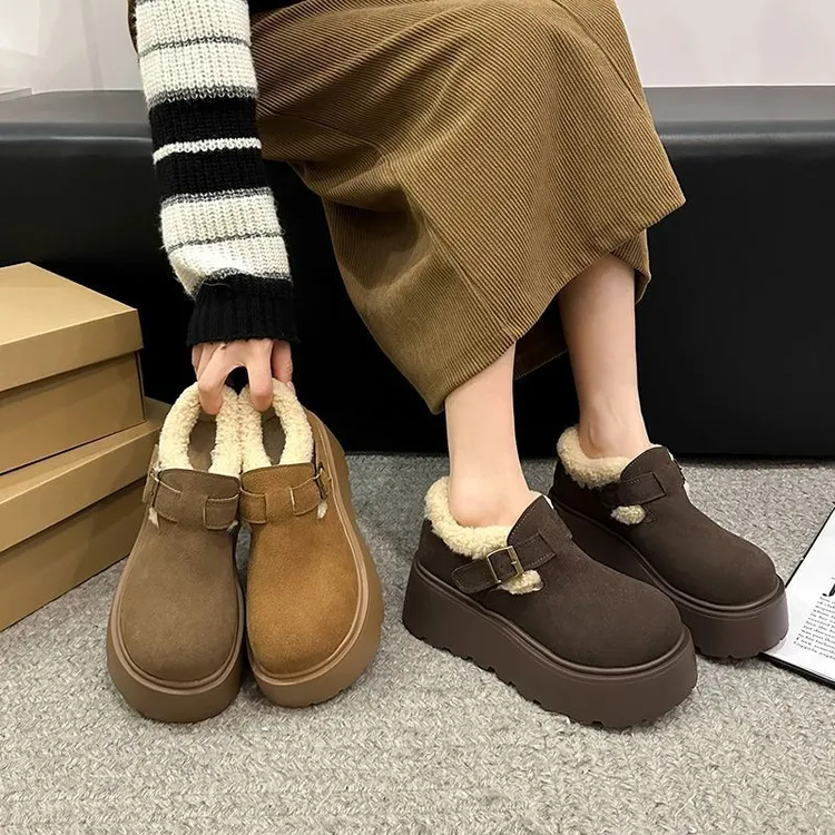 2025冬新款加绒大头丑萌松糕厚底增高保暖一脚蹬勃肯棉鞋女雪地靴