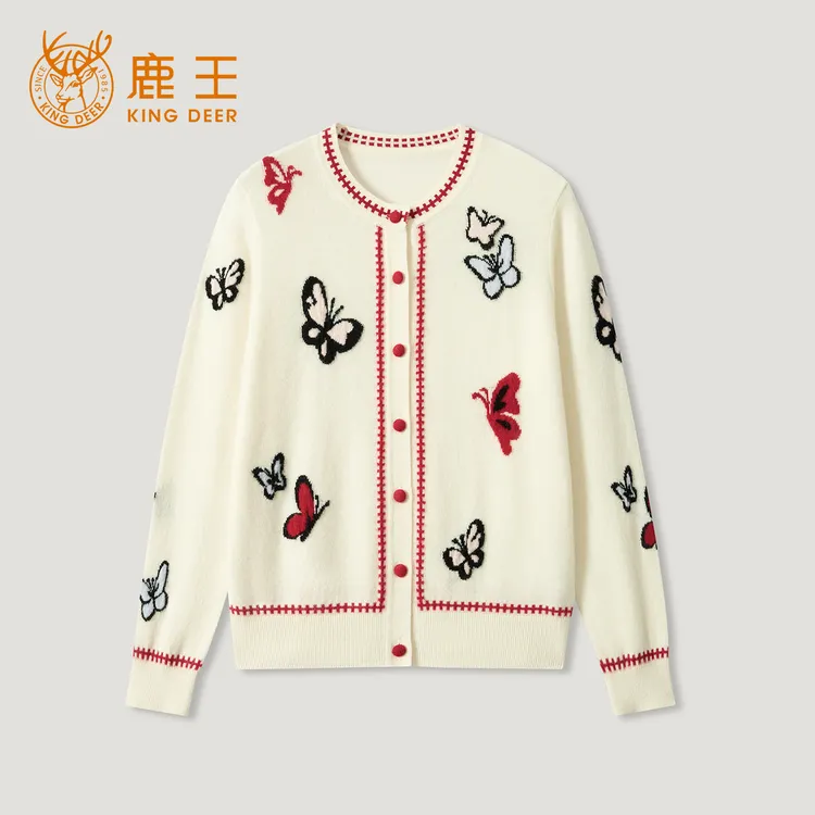 King Deer/鹿王针织蝴蝶休闲百搭女装开衫圆领羊绒衫L805663