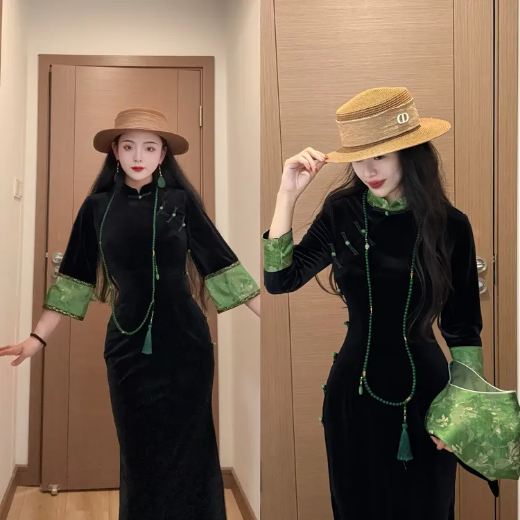 LHMknk1画报夫人原创自制秋冬中式贵气丝绒旗袍连衣裙 蓬莱绿