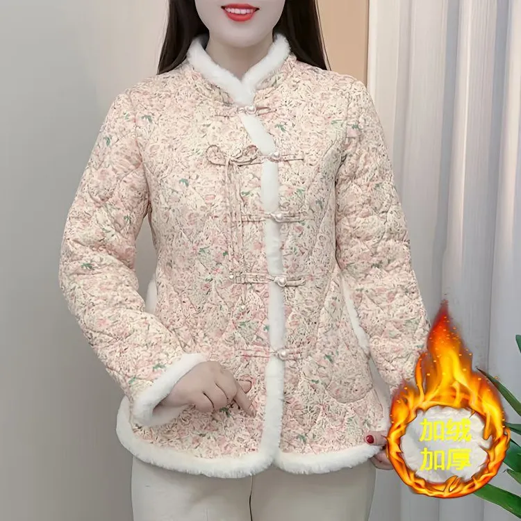 2023秋冬新款棉服上衣外套网红复古中国风碎花大码棉袄女装妈妈装