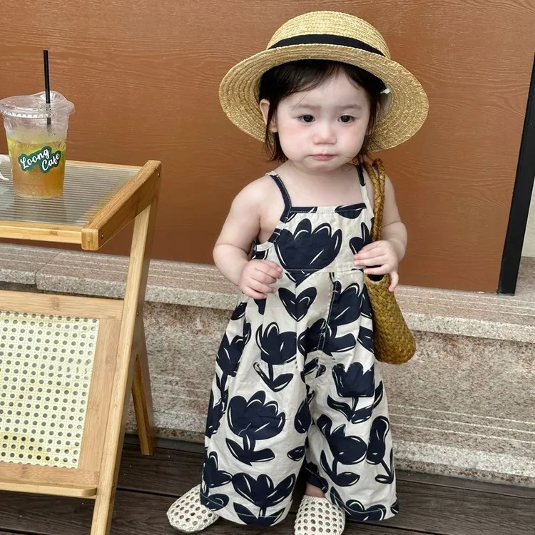女童背带裤2025夏韩版女童宝宝吊带连体裤儿童连身衣阔腿7分裤子