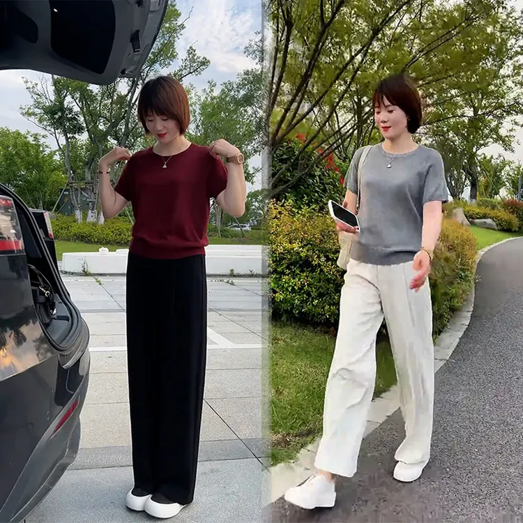 微胖减龄夏装显瘦轻熟风搭配针织衫休闲阔腿裤高级感气质两件套