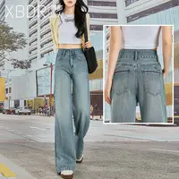 2025秋季新款口袋撞色大阔腿牛仔裤女高腰直筒蓝色时尚双扣拖地裤