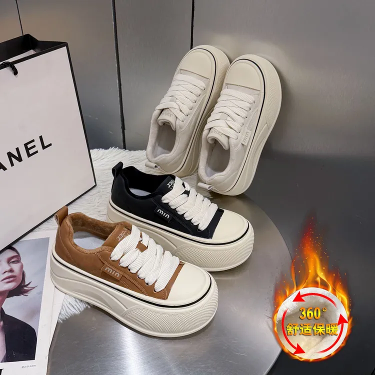 达尔惠/【单+棉】小个子厚底6cm增高小白鞋2025冬季百搭休闲运动鞋