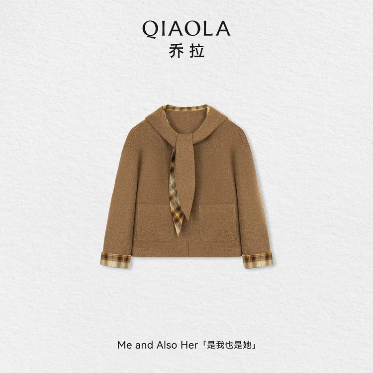 QIAOLA/乔拉【棕格暖韵】秋冬季新款时尚双面毛呢格纹短款外套