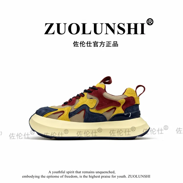 佐伦仕秋季复古透气男运动鞋拼色低帮休闲鞋厚底系带增高时尚男鞋