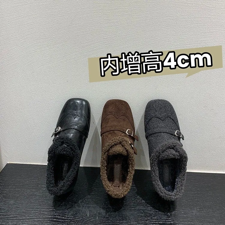 4cm增高！复古方头乐福鞋加绒单鞋秋冬女鞋布洛克风黑色小皮鞋棉鞋