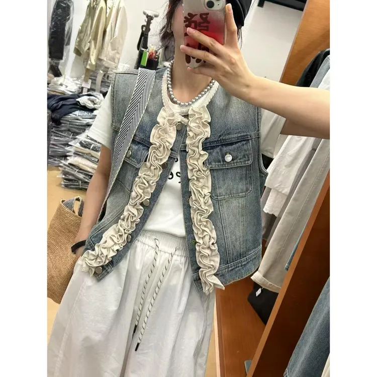 欧货设计感木耳花边牛仔马甲女2025春夏新款时尚百搭无袖坎肩背心
