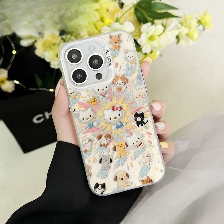 适用布纹爆炸KT小狗于苹果17promax彩银手机壳华为oppovivo小米15