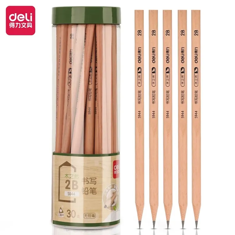 得力30支桶装铅笔三角杆hb铅笔小学生用2b儿童考试素描S943/S944
