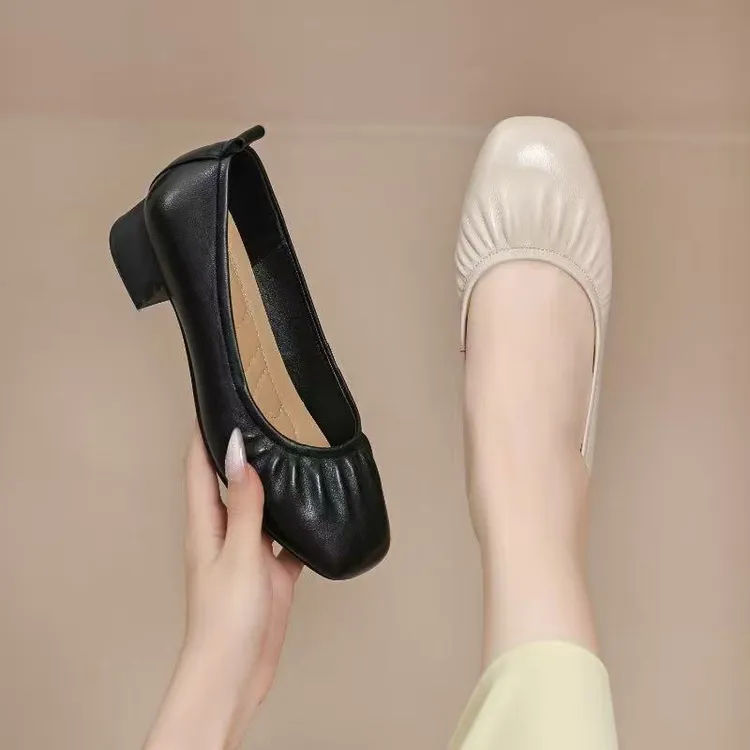 28707 早秋羊皮女单鞋 方头矮跟一脚蹬 法式通勤软底舒适