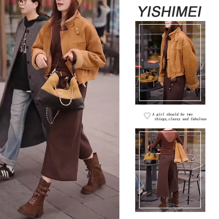 秋冬穿搭一整套2025新款长袖打底衫皮毛一体外套高腰休闲裤三件套