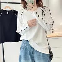 2025新款大码女装经典圆领设计款袖扣明线上衣T恤打底衫