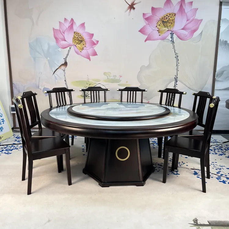 实木岩板餐桌椅组合新中式家用圆桌带转盘酒店1.8m大圆桌10人饭桌