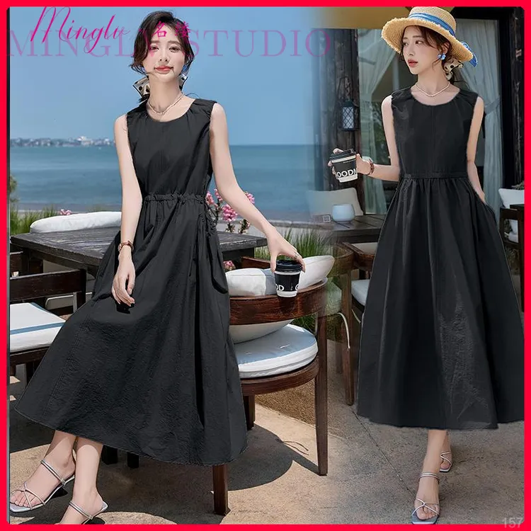 女夏季2025新款韩系气质超好看洋气连衣裙收腰显瘦无袖背心长裙子