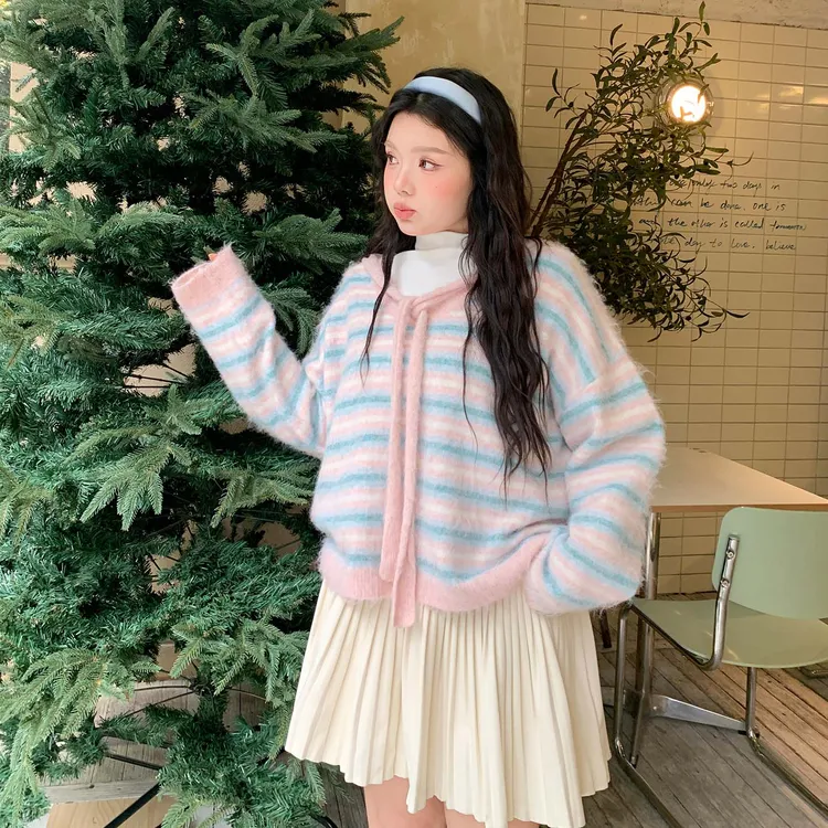 YUZI/鱼子条纹毛衣粉蓝撞色甜酷宽松慵懒软糯上衣NY00115