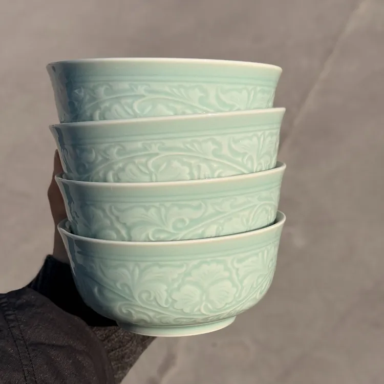 长安知己非遗「二级微瑕-天青5.5英寸宫廷牡丹碗」耀州青瓷米饭面碗