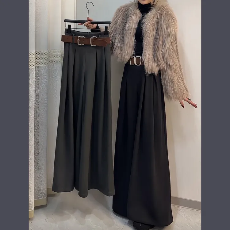 加绒加厚毛呢阔腿裤女士秋冬新款高腰宽松时尚气质上班职业长裤子