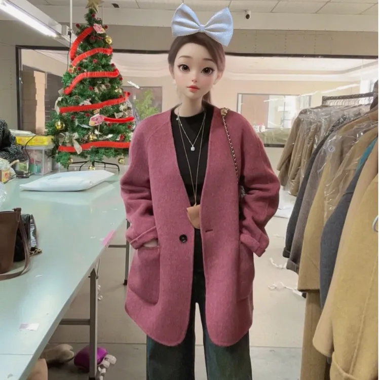 【HUIYING】秋冬宽松长款羊毛百搭时尚设计师韩版网红加厚