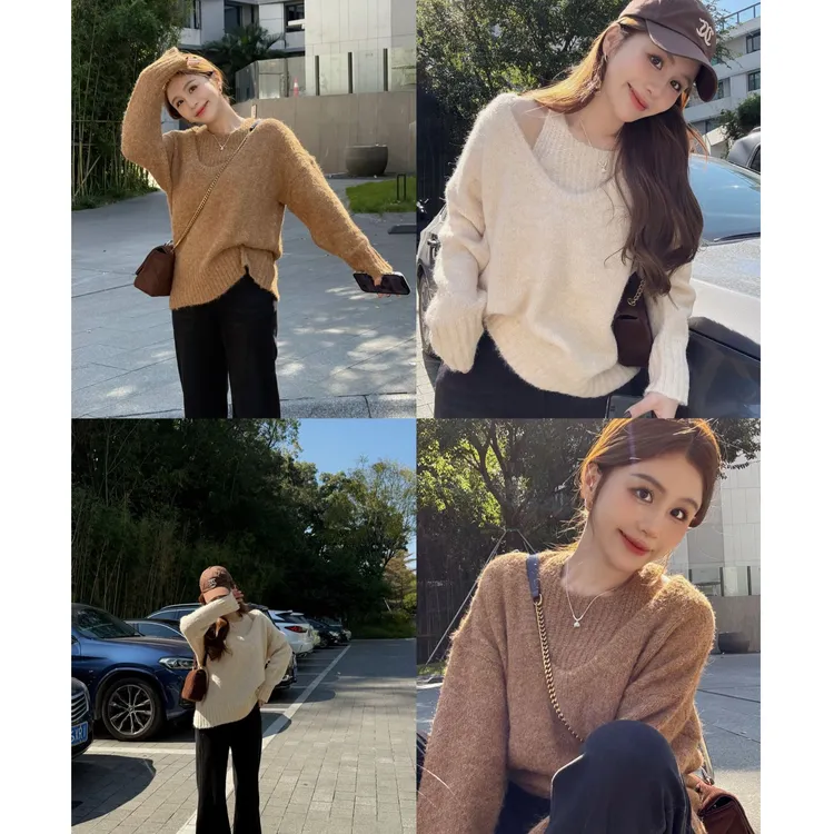 YPP！【韩女配方】韩系温柔慵懒感复古背心大开领针织毛衣两件套