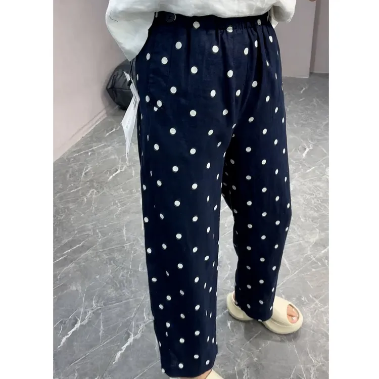 大码女装小个子高腰显瘦波点直筒阔腿裤女夏季薄款百搭九分休闲裤