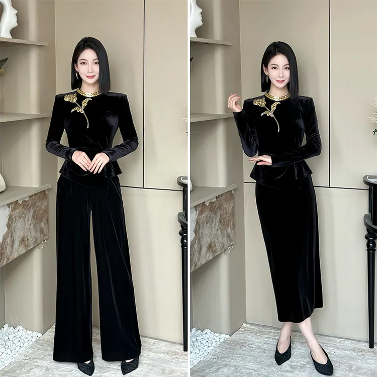 格娜新款入秋穿搭一整套珠片绣花别致丝绒上衣黑色轻奢女装两件套