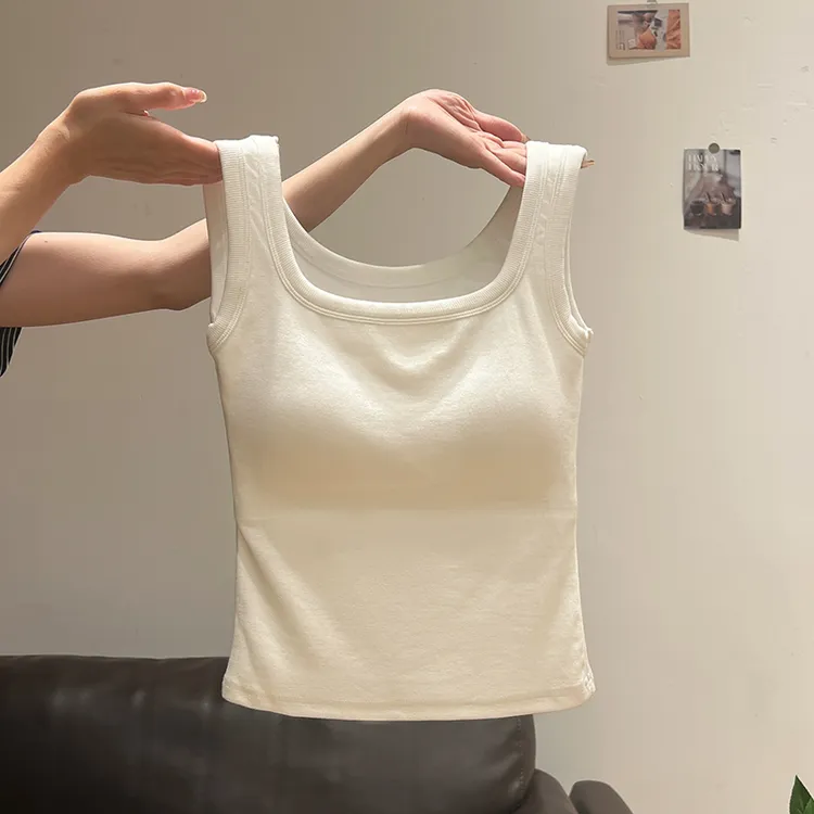 韩系白色方领修身吊带背心女2025秋季新款舒适美背无袖带胸垫上衣