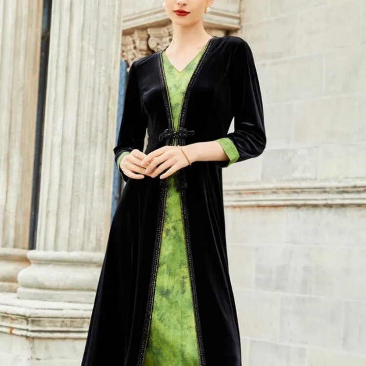 37111春秋冬款高端奢华重工烫钻复古提花拼接丝绒妈妈连衣裙