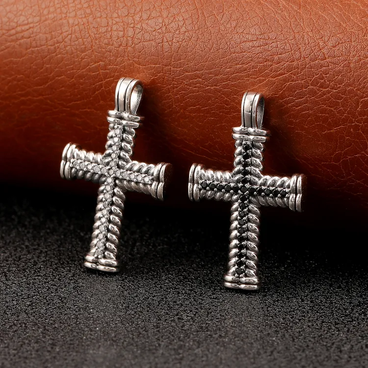吊坠925银 欧美麻花十字架吊坠情侣款复古做旧双面立体侧挂链坠子