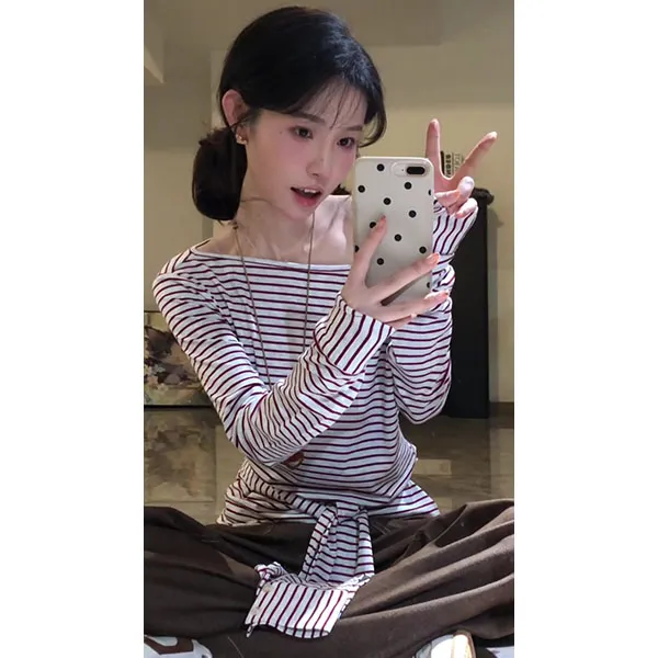 韩系条纹绑带斜肩长袖t恤女早秋修身显瘦打底衫露肩上衣+裤子套装