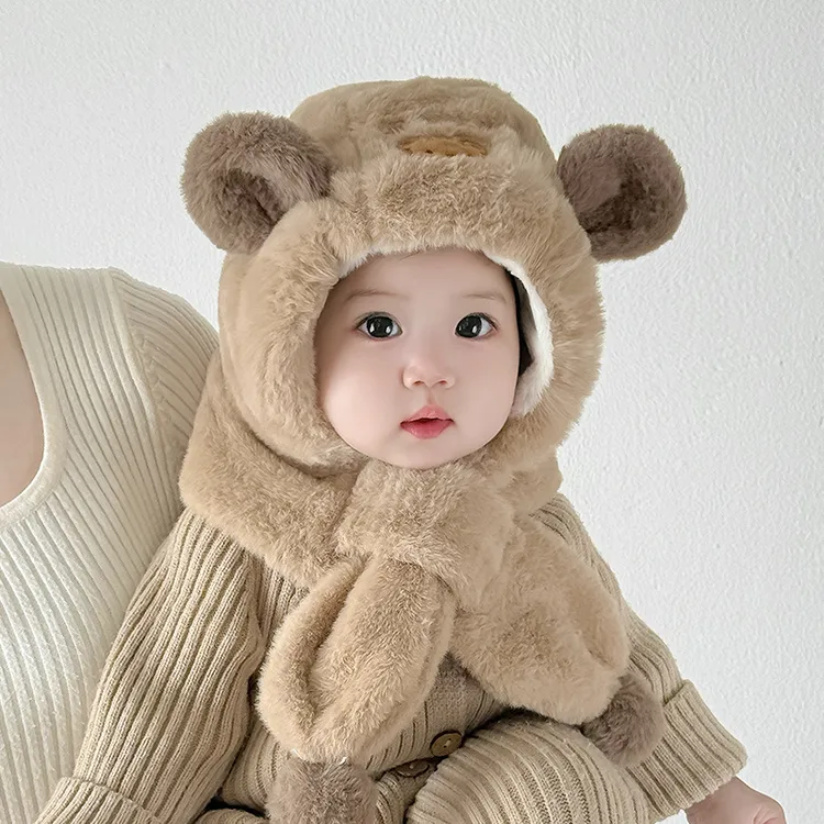 宝宝毛绒一体帽秋冬季男童女婴幼儿韩版帽子围脖两件套加绒厚保暖