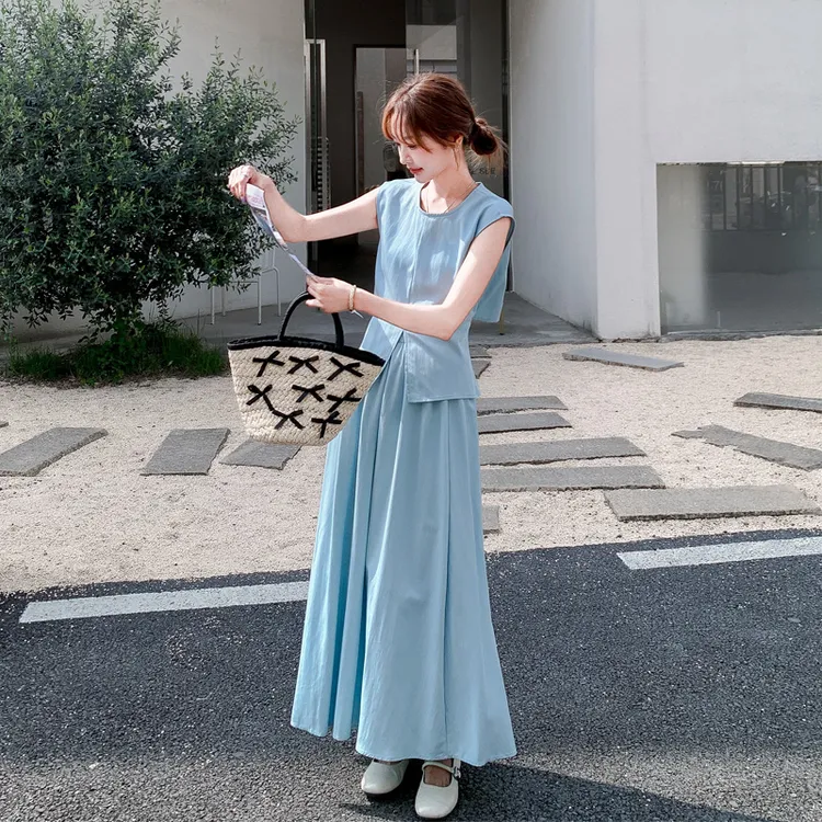 简约韩系套装裙夏季女2025新款ins风极简穿搭无袖背心马甲半身裙