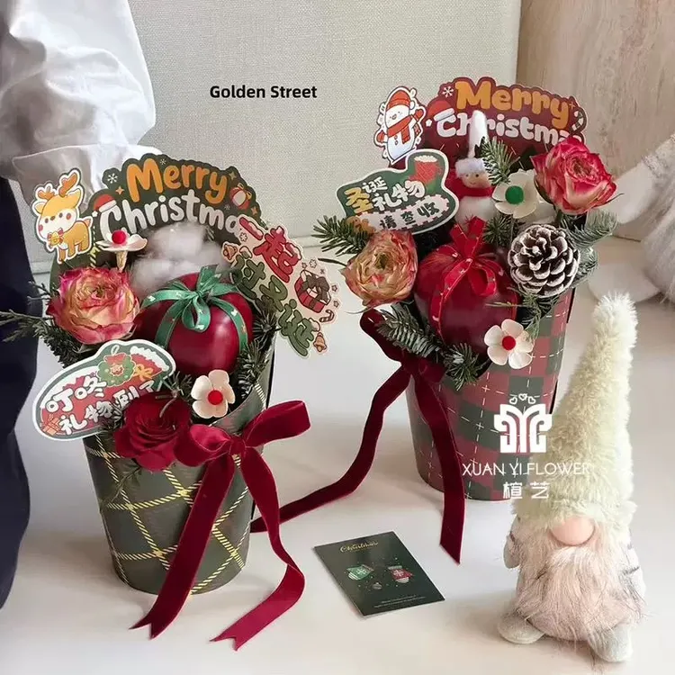锦衣圣诞节圆形花盒冰淇淋桶平安夜苹果插花盒花艺包装材料