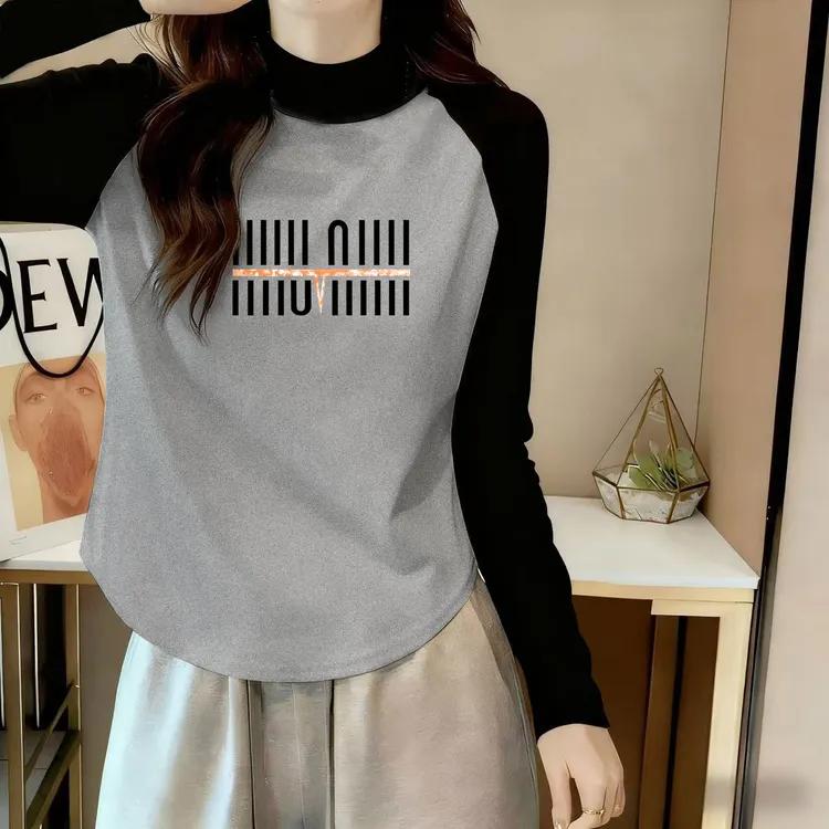 半高领插肩袖德绒打底衫女秋冬下摆弧形修身显瘦百搭保暖印花上衣