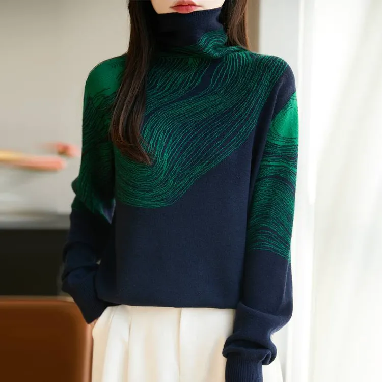 哥弟阿玛施正品时尚洋气线条提花针织衫堆堆领女士毛衣气质打底衫