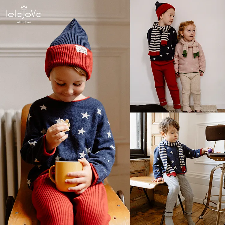 lelejove北欧风有机棉提花针织衫秋冬新款儿童圆领撞色套4AT3A673